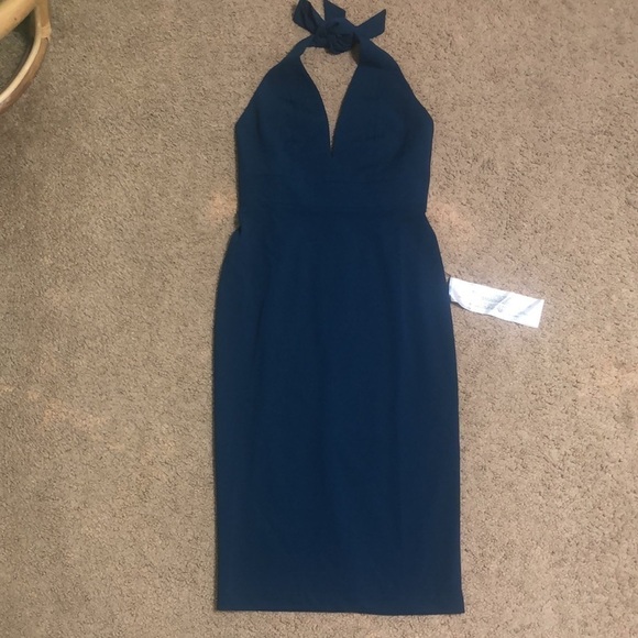Dress the Population Vanessa Plunging Halter Bodycon Midi Dress Peacock Blue S - Picture 4 of 12